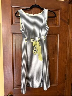 LOFT Black and White Striped Dress with Yellow Trim